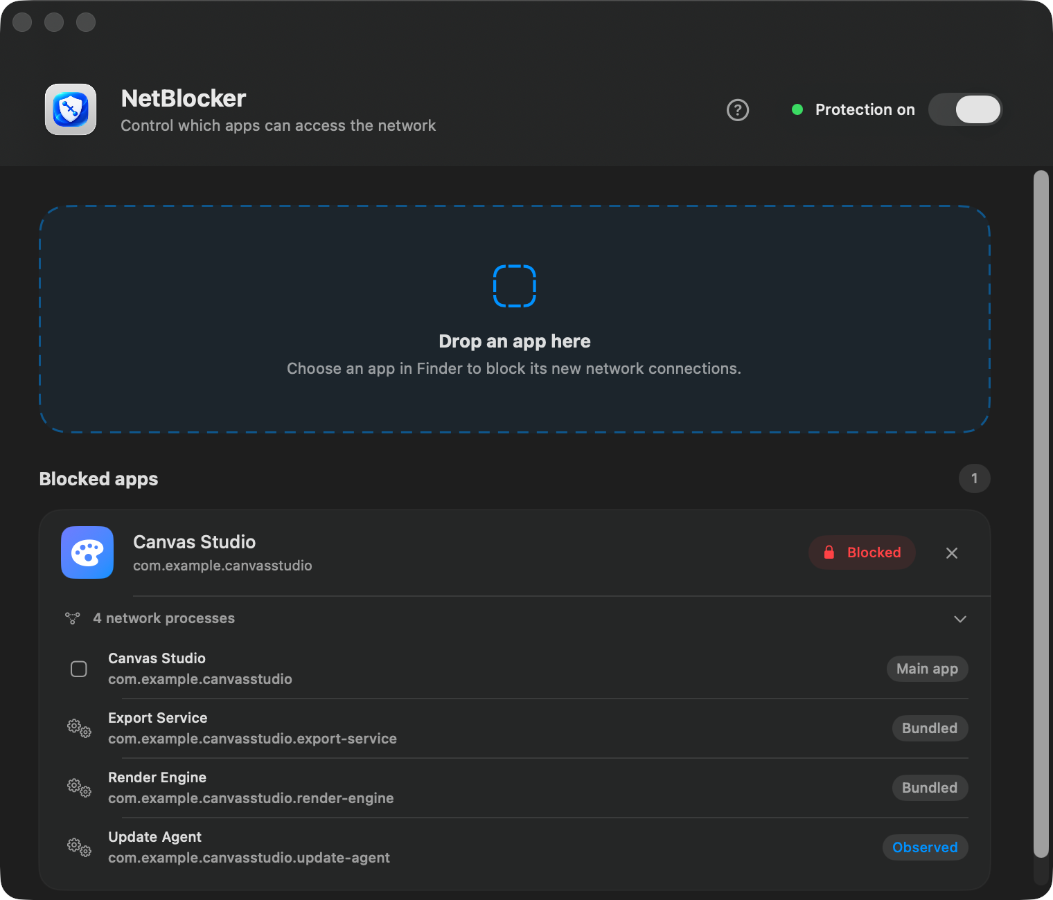NetBlocker showing the fictional Canvas Studio app and its main app, bundled helpers, and observed background process